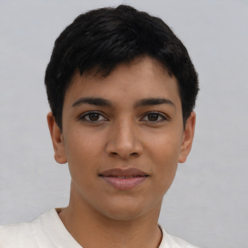 Joyful latino young-adult female with short  black hair and brown eyes
