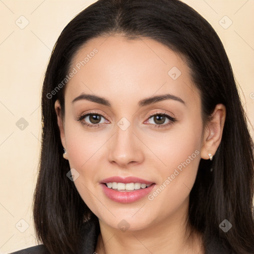 Joyful white young-adult female with long  black hair and brown eyes