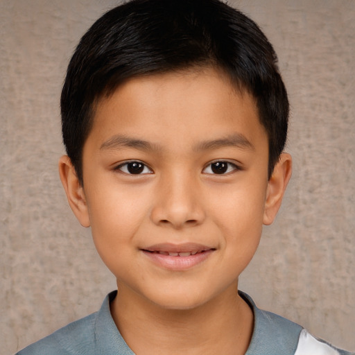 Joyful latino child male with short  brown hair and brown eyes