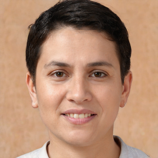 Joyful white young-adult female with short  brown hair and brown eyes