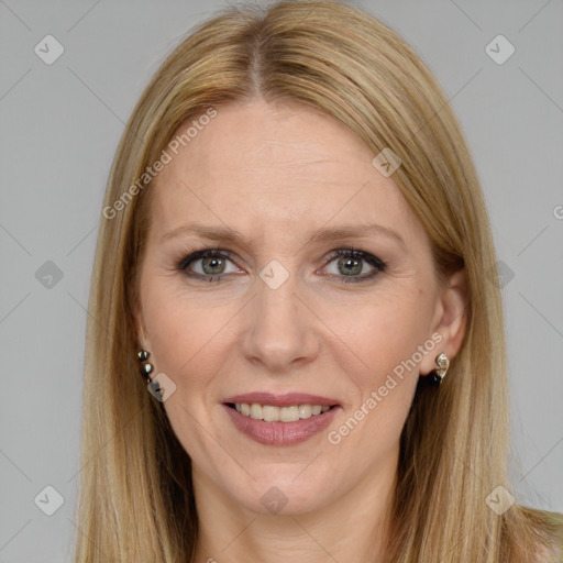 Joyful white adult female with long  brown hair and brown eyes