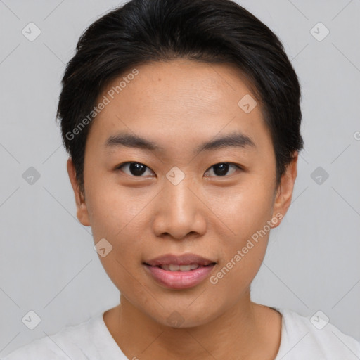 Joyful asian young-adult female with short  brown hair and brown eyes