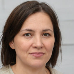 Joyful white adult female with medium  brown hair and brown eyes