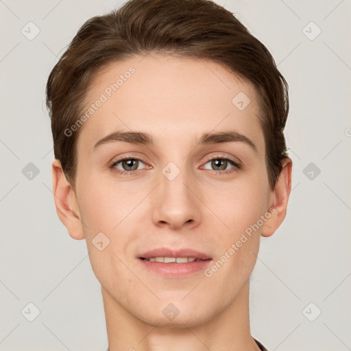 Joyful white young-adult female with short  brown hair and grey eyes