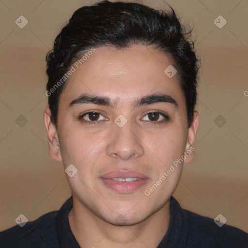 Joyful white young-adult male with short  black hair and brown eyes