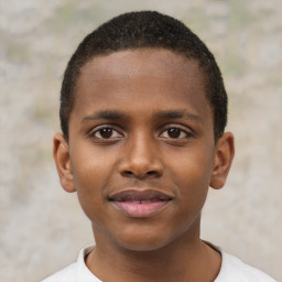 Joyful black young-adult male with short  brown hair and brown eyes