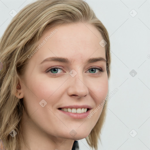 Joyful white young-adult female with long  brown hair and blue eyes