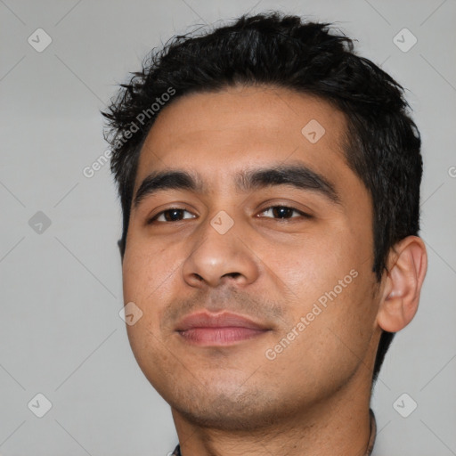 Neutral latino young-adult male with short  black hair and brown eyes