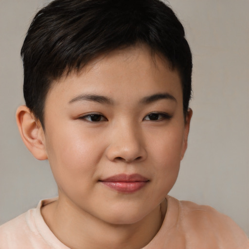 Joyful asian child female with short  brown hair and brown eyes