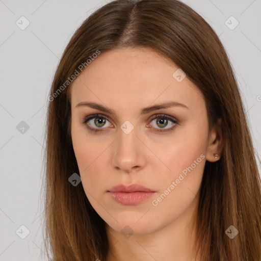 Neutral white young-adult female with long  brown hair and brown eyes