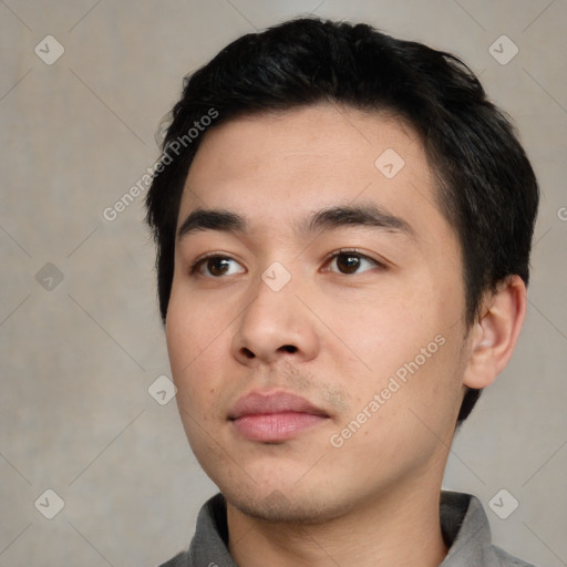 Neutral asian young-adult male with short  black hair and brown eyes