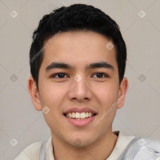 Joyful latino young-adult male with short  brown hair and brown eyes