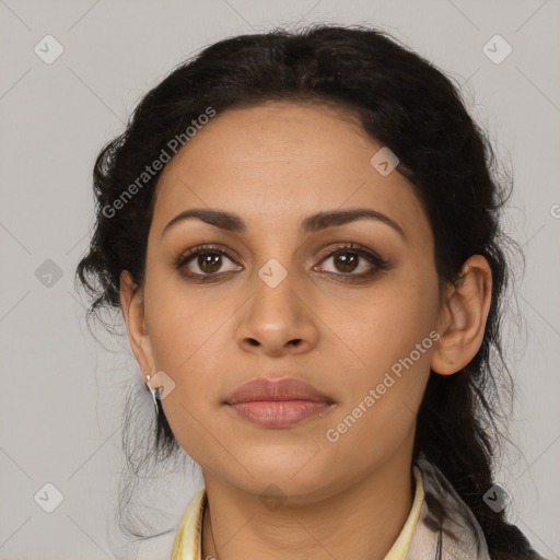 Joyful latino young-adult female with medium  brown hair and brown eyes