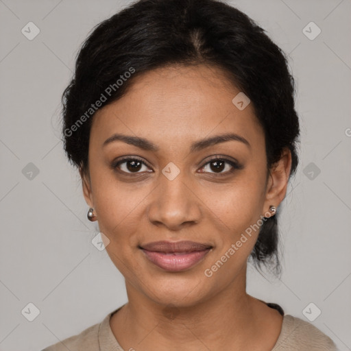 Joyful latino young-adult female with medium  black hair and brown eyes