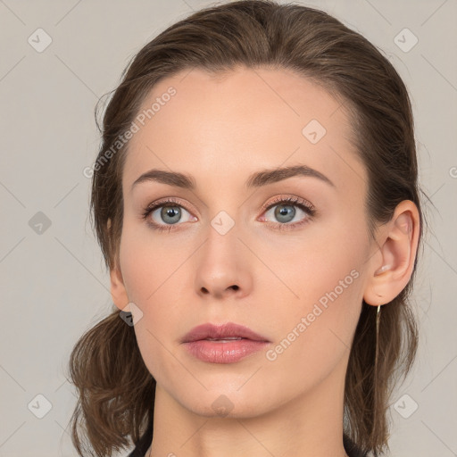 Neutral white young-adult female with medium  brown hair and brown eyes