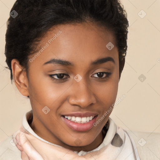 Joyful latino young-adult female with short  brown hair and brown eyes