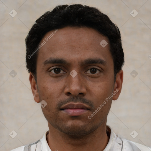 Neutral latino young-adult male with short  black hair and brown eyes