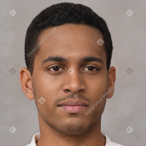 Neutral latino young-adult male with short  brown hair and brown eyes