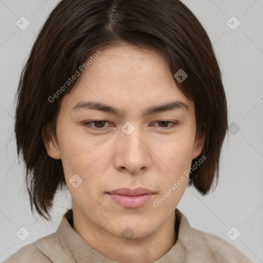 Neutral white young-adult female with medium  brown hair and brown eyes