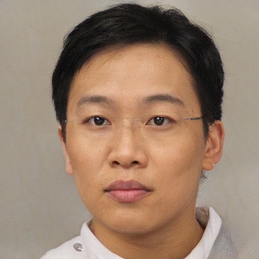 Neutral asian young-adult female with short  brown hair and brown eyes