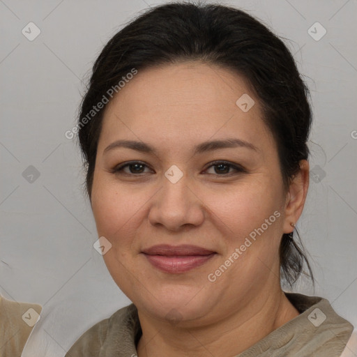 Joyful white adult female with medium  brown hair and brown eyes