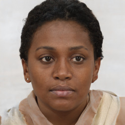 Neutral black young-adult female with short  brown hair and brown eyes