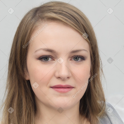 Joyful white young-adult female with long  brown hair and grey eyes