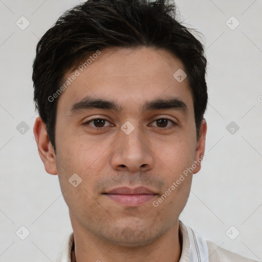 Neutral white young-adult male with short  brown hair and brown eyes