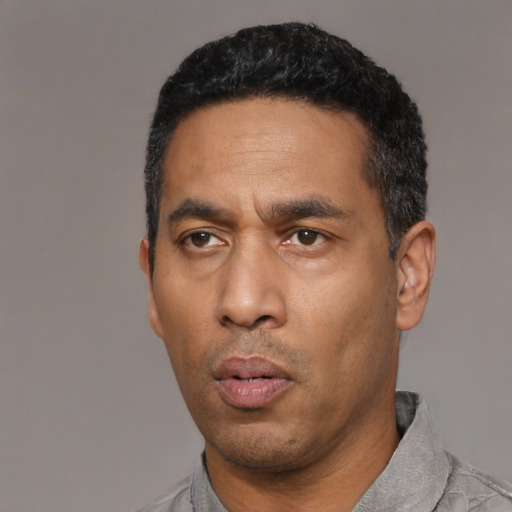 Neutral latino adult male with short  black hair and brown eyes