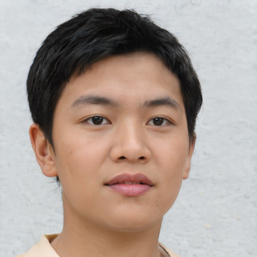 Neutral asian young-adult male with short  black hair and brown eyes