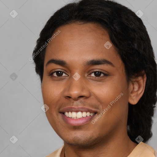 Joyful latino young-adult female with short  black hair and brown eyes