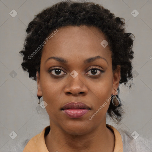 Neutral black young-adult female with short  black hair and brown eyes