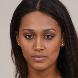 Neutral asian young-adult female with long  brown hair and brown eyes