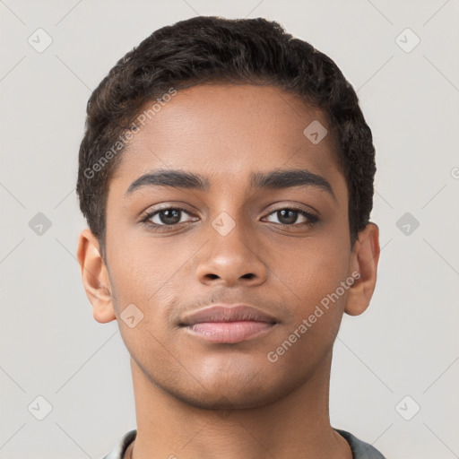 Neutral latino young-adult male with short  brown hair and brown eyes