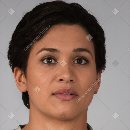 Neutral white young-adult female with short  brown hair and brown eyes