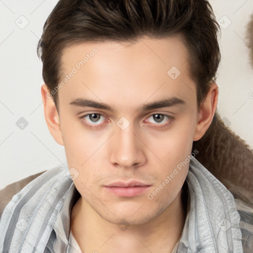 Neutral white young-adult male with short  brown hair and brown eyes