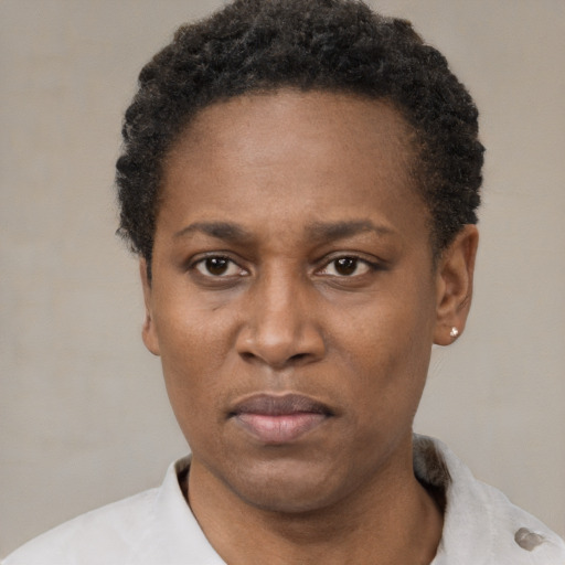 Neutral black adult female with short  black hair and brown eyes
