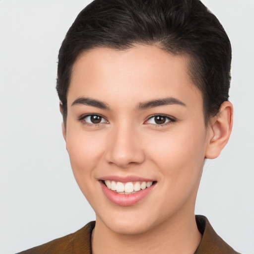 Joyful white young-adult female with short  brown hair and brown eyes