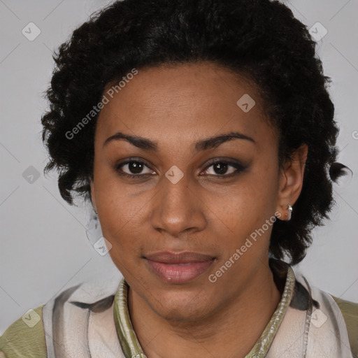 Joyful black adult female with short  brown hair and brown eyes