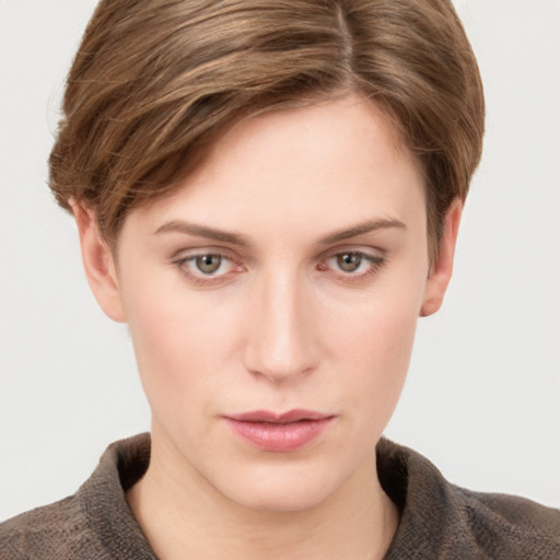 Neutral white young-adult female with short  brown hair and grey eyes