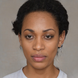 Neutral black young-adult female with short  black hair and brown eyes