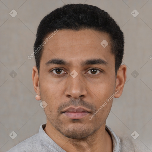 Neutral latino young-adult male with short  black hair and brown eyes