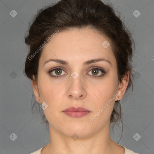 Neutral white young-adult female with medium  brown hair and brown eyes