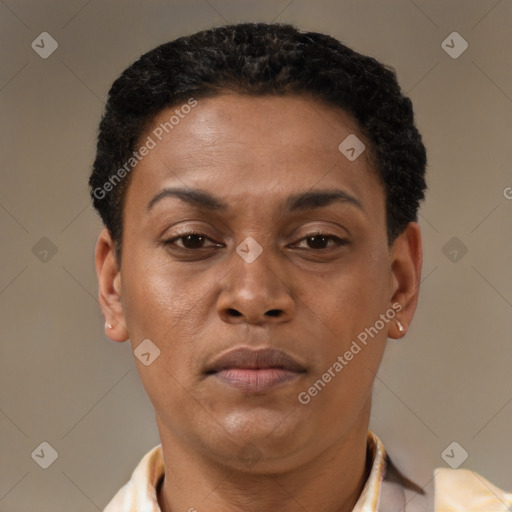 Joyful latino adult female with short  brown hair and brown eyes