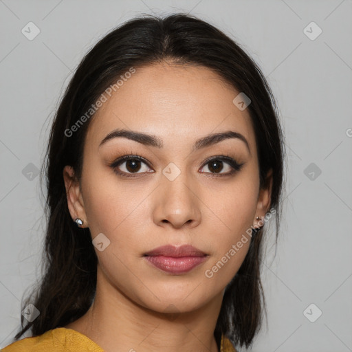 Neutral white young-adult female with medium  brown hair and brown eyes