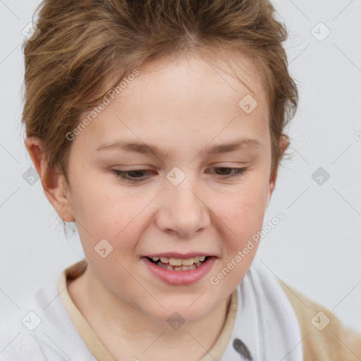 Joyful white child female with short  brown hair and brown eyes