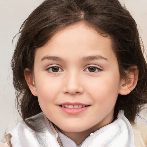 Joyful white child female with medium  brown hair and brown eyes