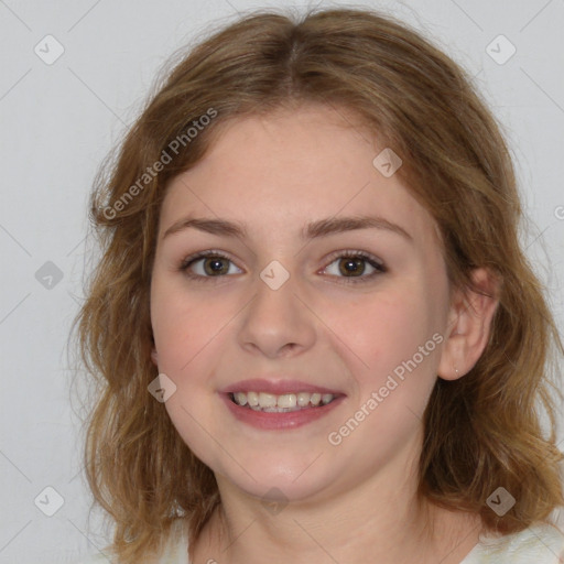 Joyful white young-adult female with medium  brown hair and blue eyes