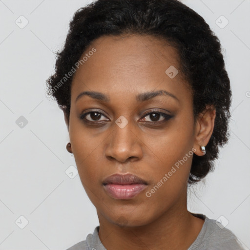 Neutral black young-adult female with short  black hair and brown eyes