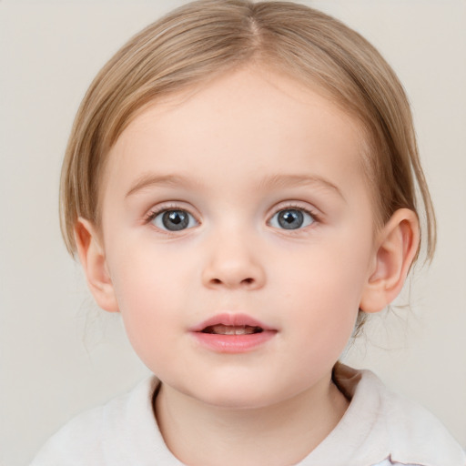 Neutral white child female with medium  brown hair and blue eyes